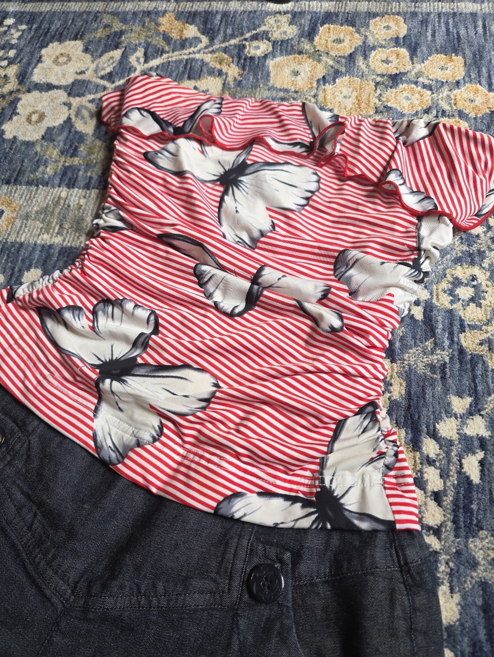 Y2k Vintage Summer Srapless One piece Butterfly Print Red And White Stripes - Picture 2 of 7
